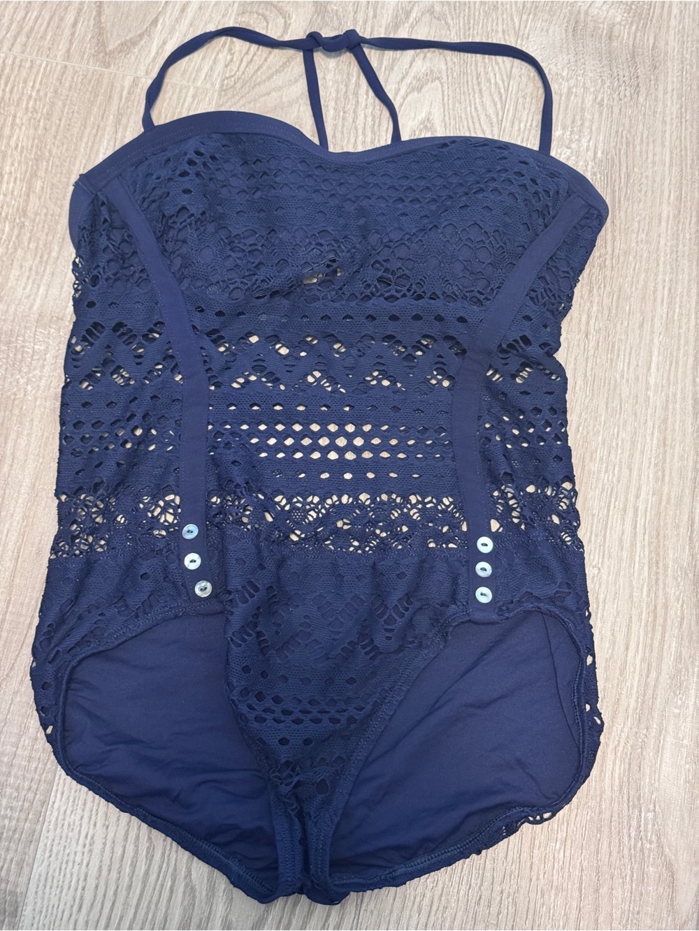 ROBIN PICCONE one piece bathing suit crochet swim suit neck ties navy size 8